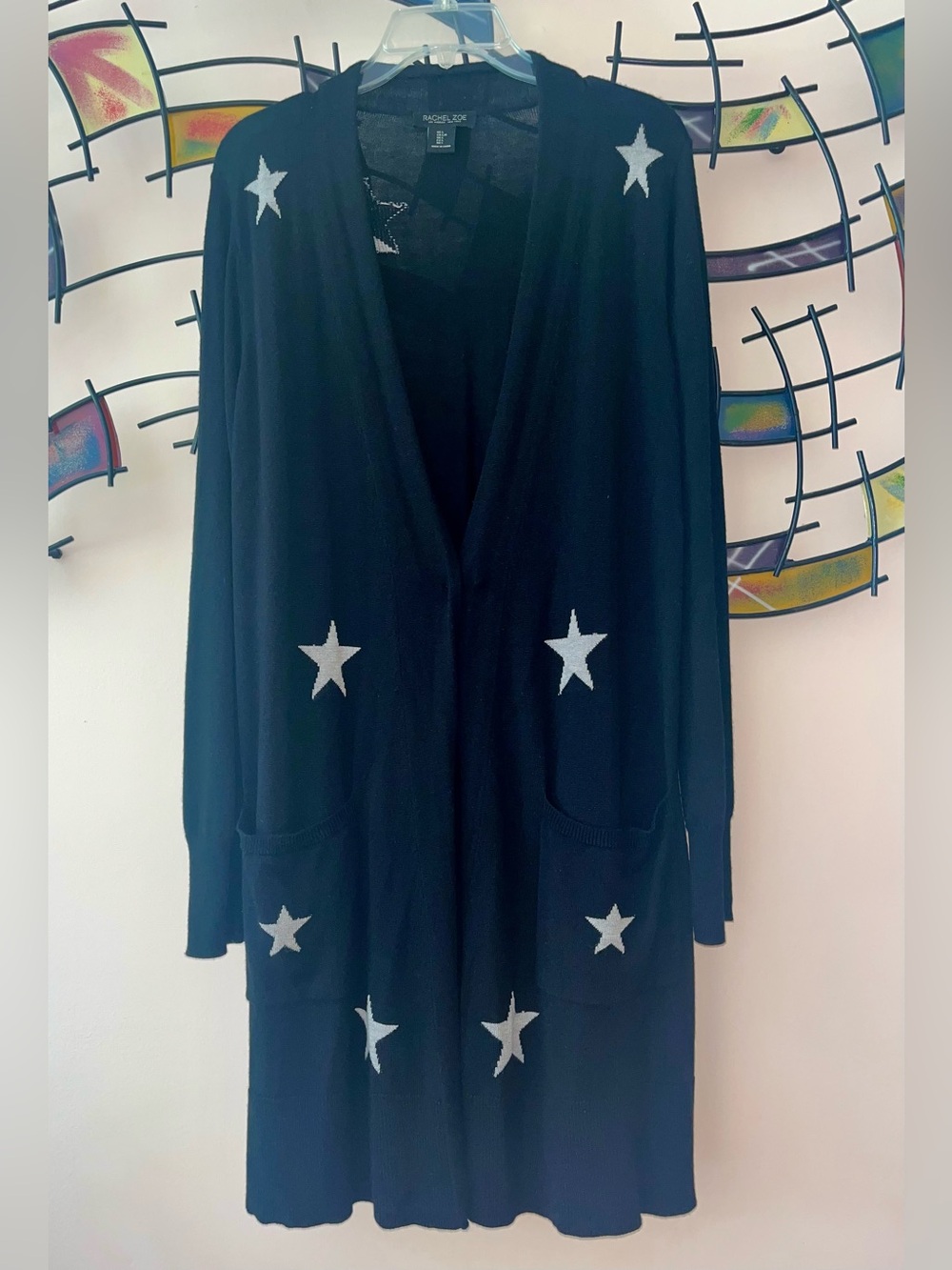 Rachel Zoe Open Cardigan Womens Large Long Black Light Sweater With Star Print
